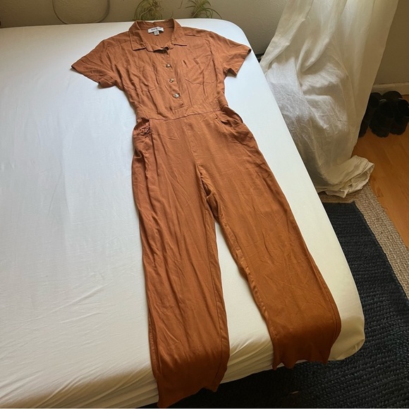 pampelone Pants - PAMPELONE rust button up rayon short sleeve straight leg cropped jumpsuit